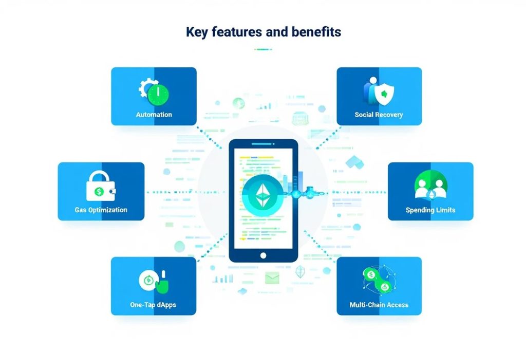 Breakdown of smart wallet benefits including automation, social recovery, and secure multi-chain access