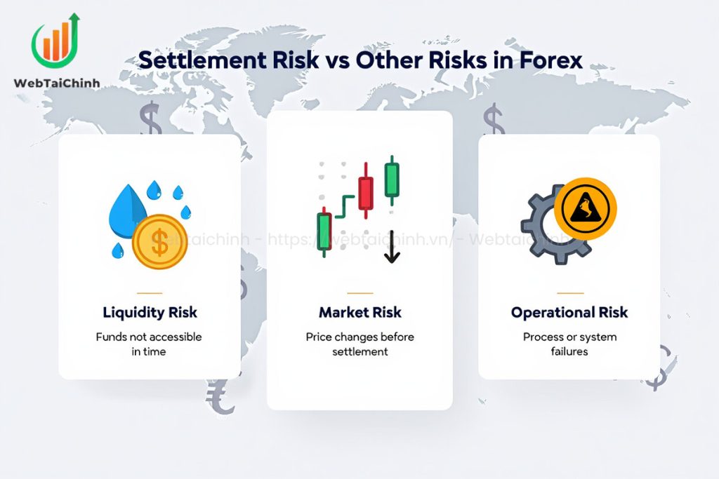 Compare settlement, liquidity, market, and operational risks in forex trading