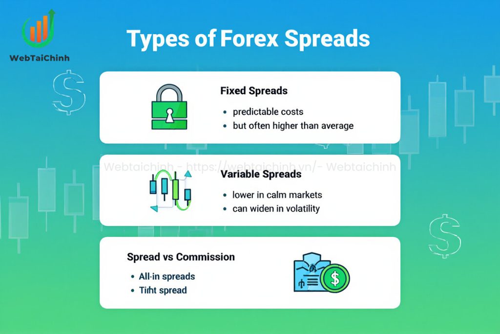 Forex spreads can be fixed, variable, or combined with commission, each affecting costs and trading style differently