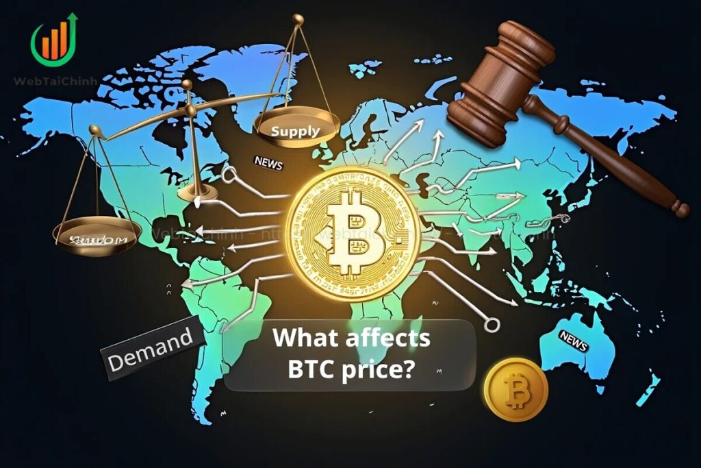 Illustration showing abstract forces like regulation and demand shaping Bitcoins price