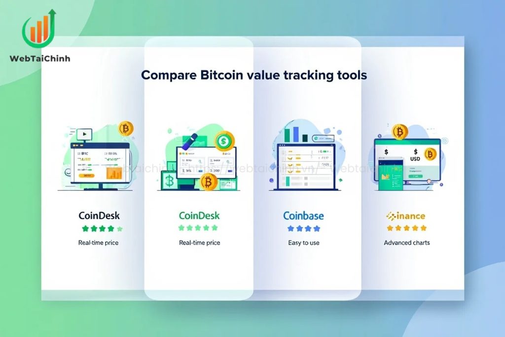 Infographic comparing top tools like CoinMarketCap and Binance to track Bitcoin value in real time