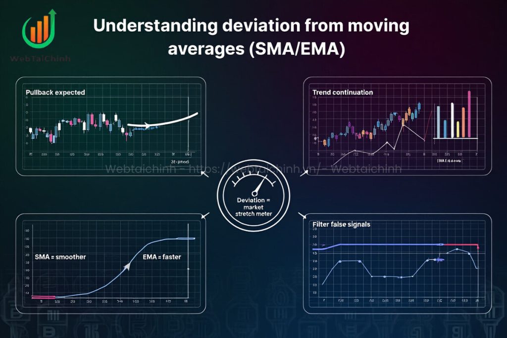 Infographic explains forex deviation from SMA and EMA with mean reversion, trend signals, and volatility filters