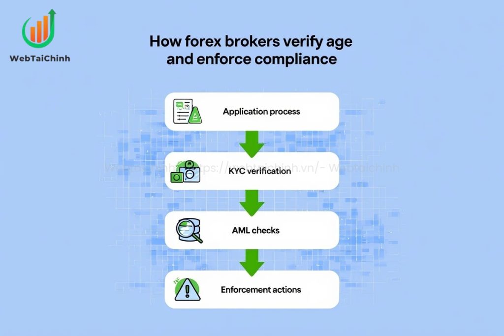 Magnifying glass emphasizes strict broker checks for trader age compliance