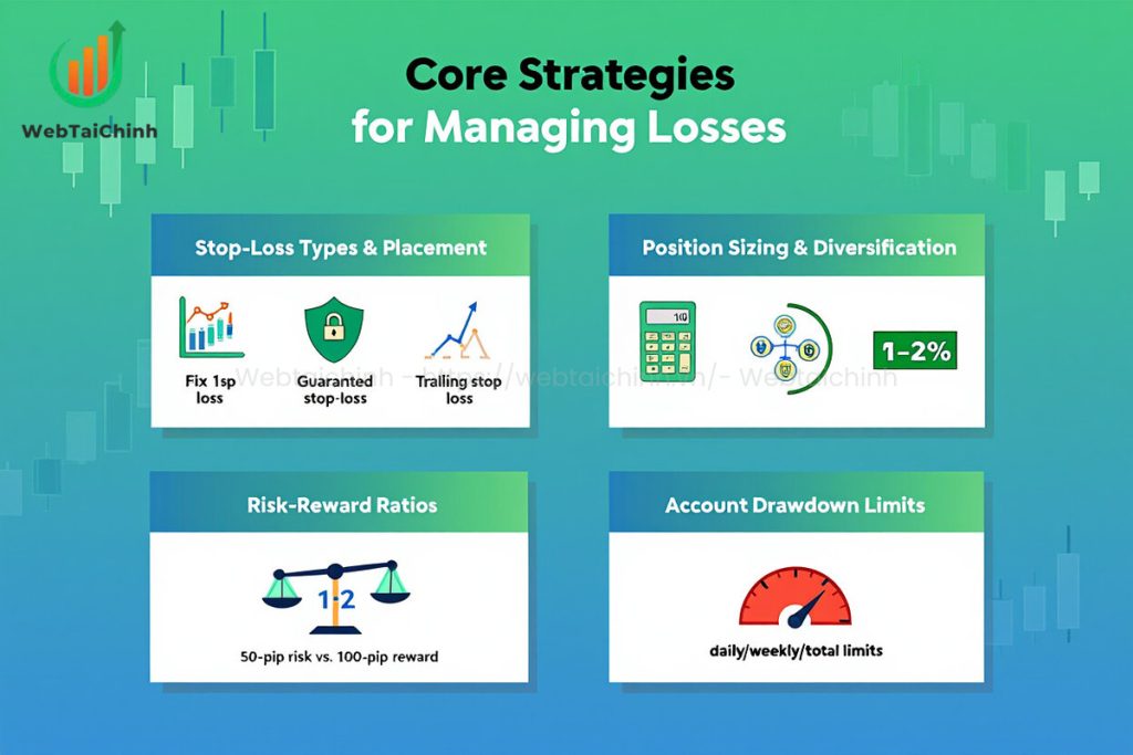 Manage forex losses with stop-loss strategy, position sizing, 1 2 risk-reward, and strict drawdown limits