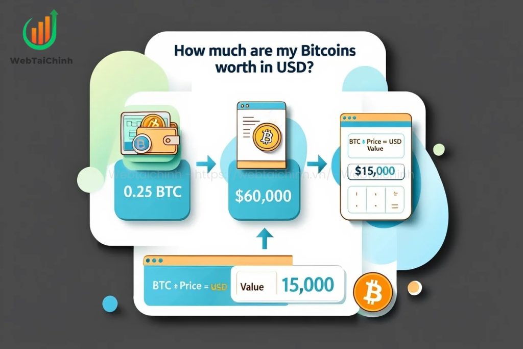 Step-by-step infographic to calculate Bitcoin value in USD using wallet and real-time market price