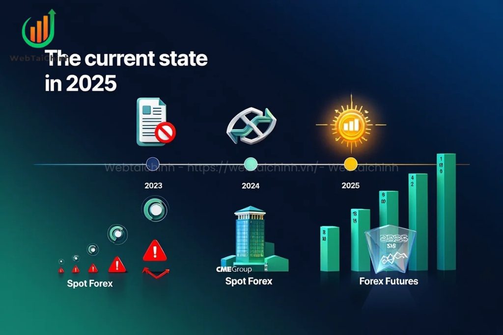 Timeline showing NinjaTraders move from spot forex to futures trading between 2023 and 2025