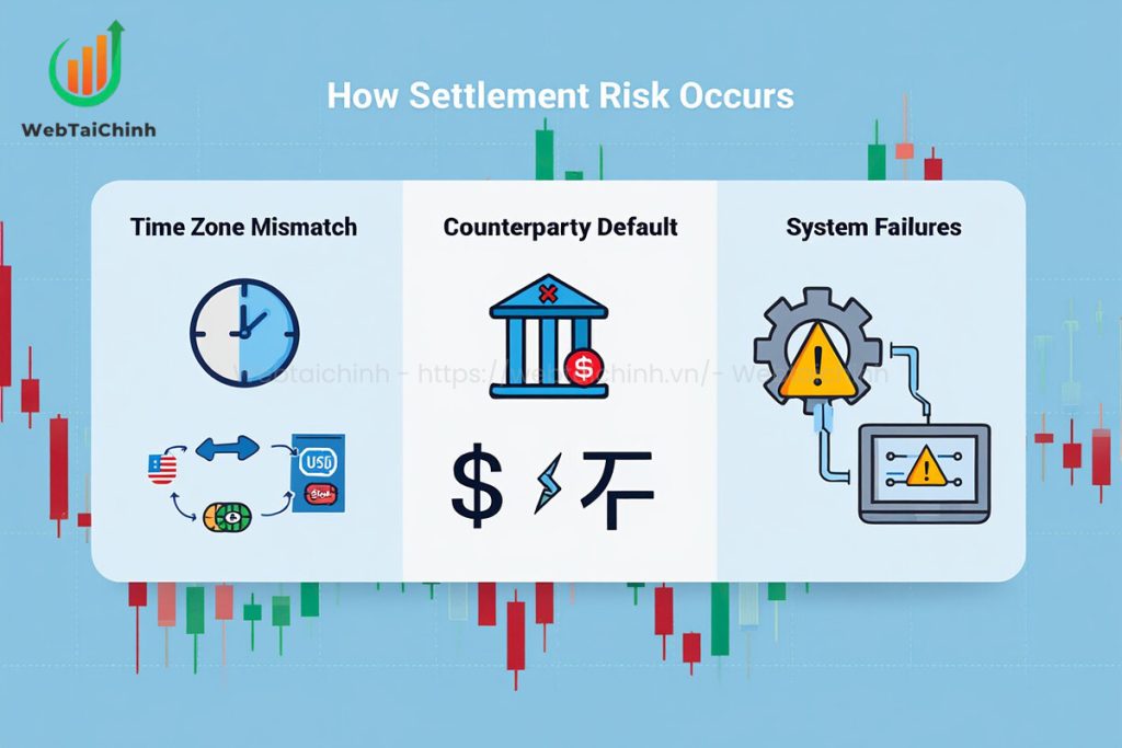 Understand how time gaps, defaults, and failures cause settlement risk in forex
