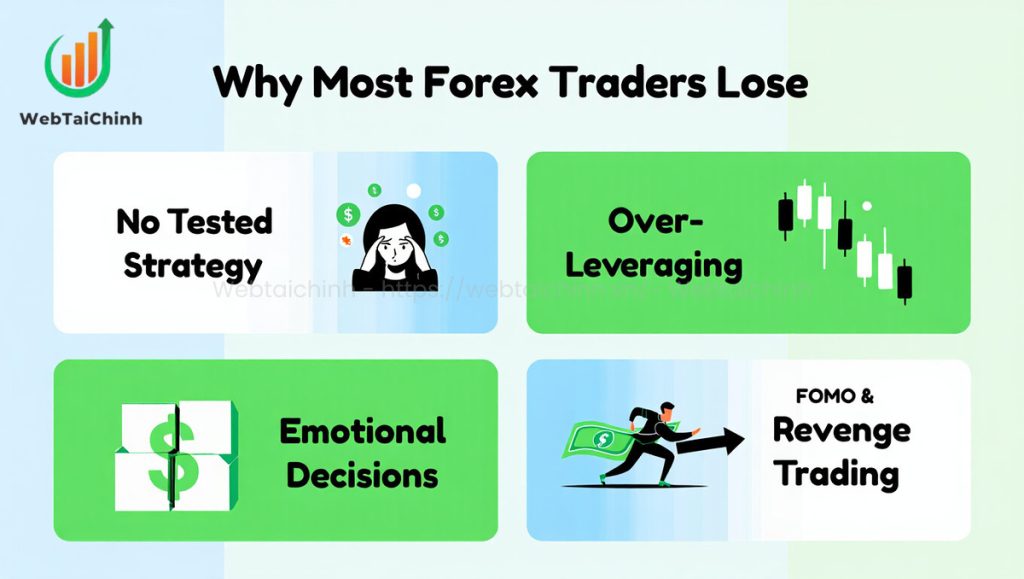 Why most forex traders fail common mistakes like no strategy, over-leverage, emotional trades, and chasing losses