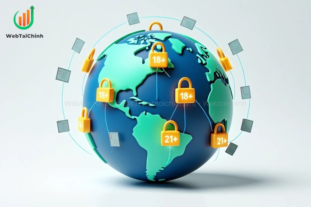 World map with lock icons shows forex age rules by region and broker