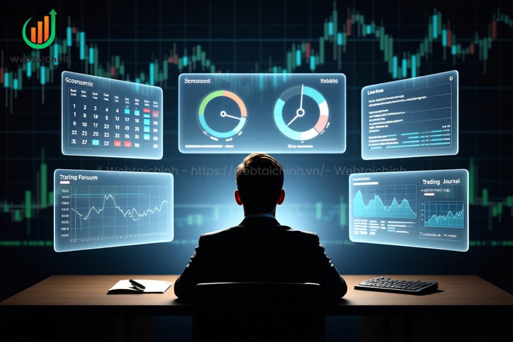 a forex trader preparing with data tools, sentiment checks, and journaling before trading