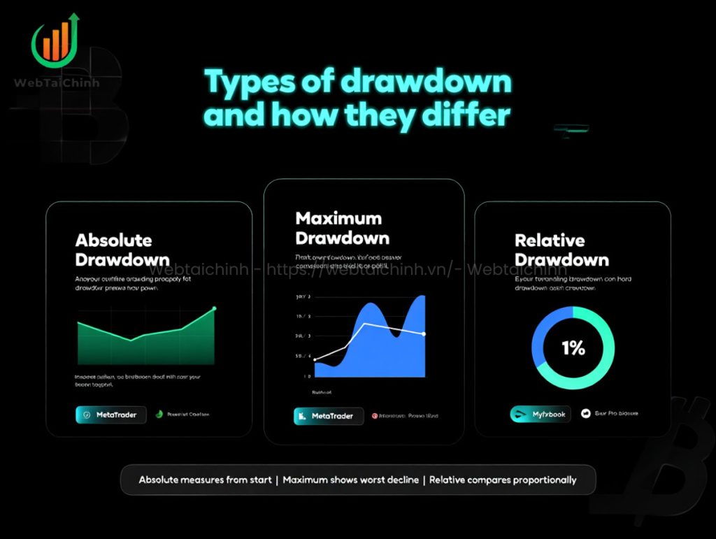 comparing absolute, maximum, and relative drawdown in forex trading with charts and platform labels