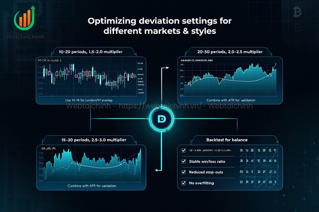 forex deviation settings for day trading, swing trading, volatile assets, and backtesting