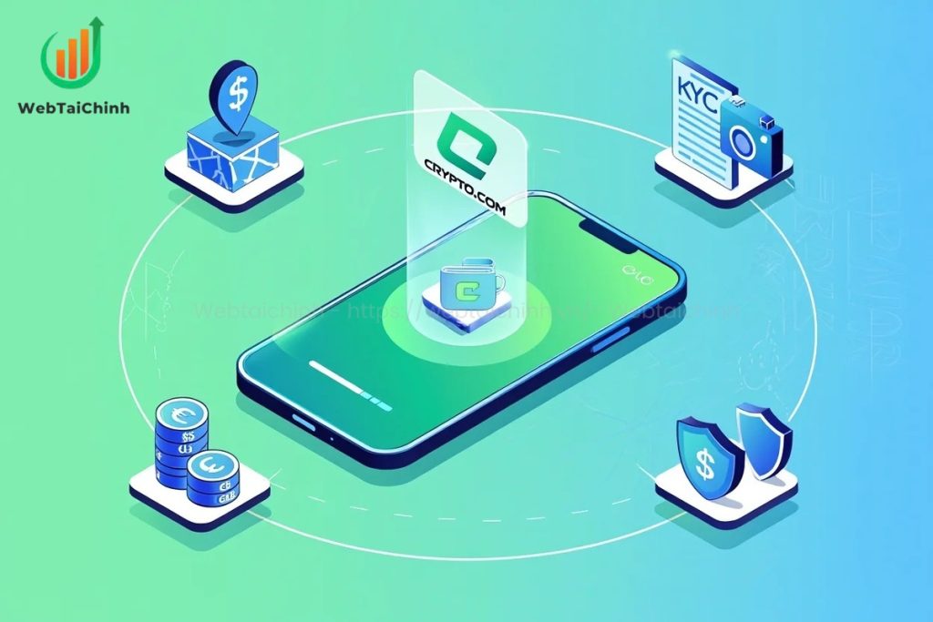 metaphor of setting up a fiat wallet in Crypto.com app, featuring identity verification, currency selection, and security